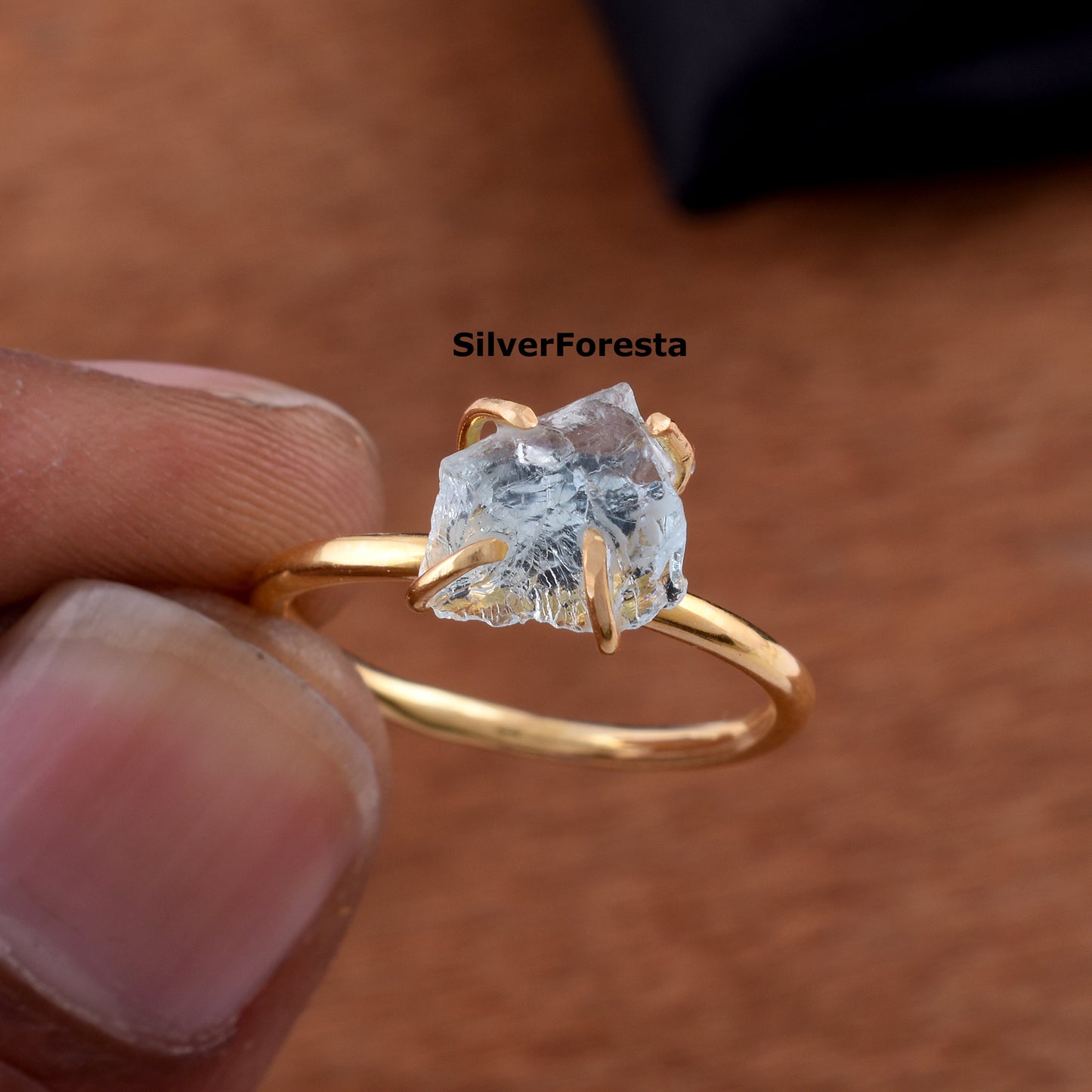 March Birthstone Raw Aquamarine Silver Ring - SilverForestaa