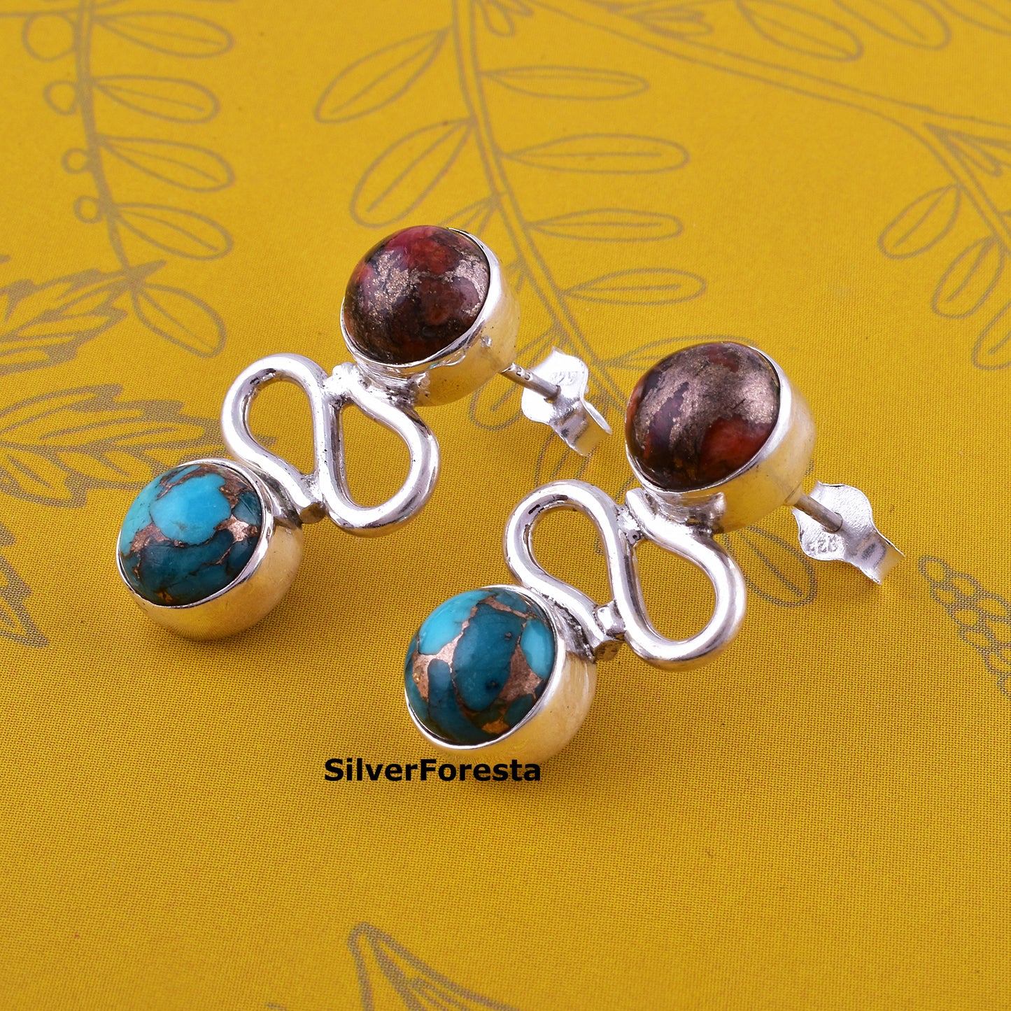 Copper Turquoise Silver Stud Earring - SilverForestaa