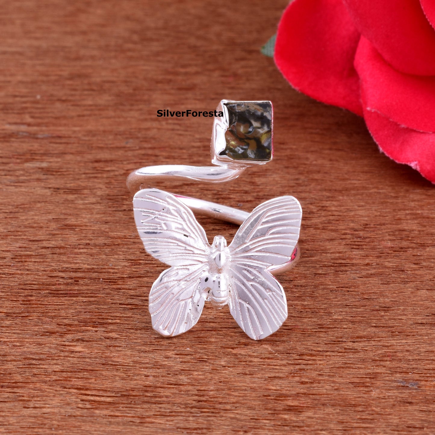 Natural Rough Moldavite Butterfly Ring – 925 Silver Jewelry