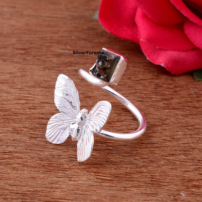 Natural Rough Moldavite Butterfly Ring – 925 Silver Jewelry