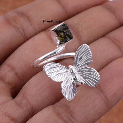Natural Rough Moldavite Butterfly Ring – 925 Silver Jewelry