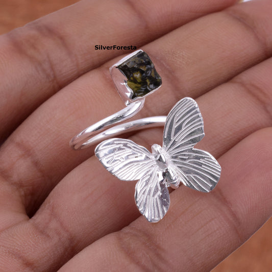 Natural Rough Moldavite Butterfly Ring – 925 Silver Jewelry