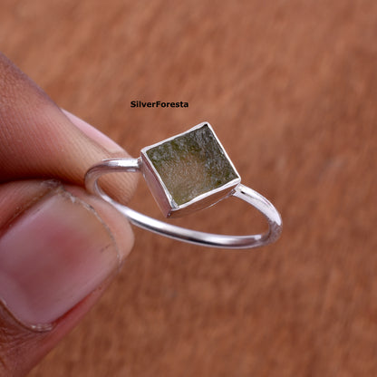 Moldavite Rough 925 Sterling Ring | Rustic Green Gem