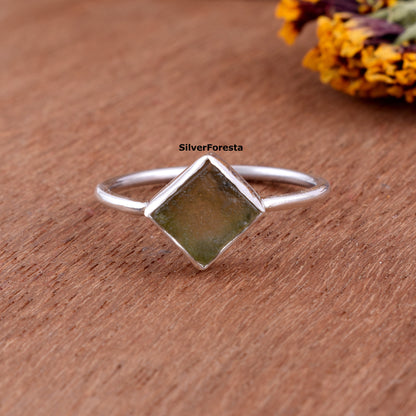 Moldavite Rough 925 Sterling Ring | Rustic Green Gem