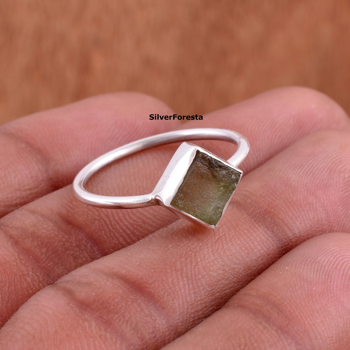 Moldavite Rough 925 Sterling Ring | Rustic Green Gem