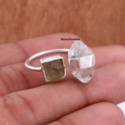 Authentic Moldavite Herkimer Ring - SilverForestaa