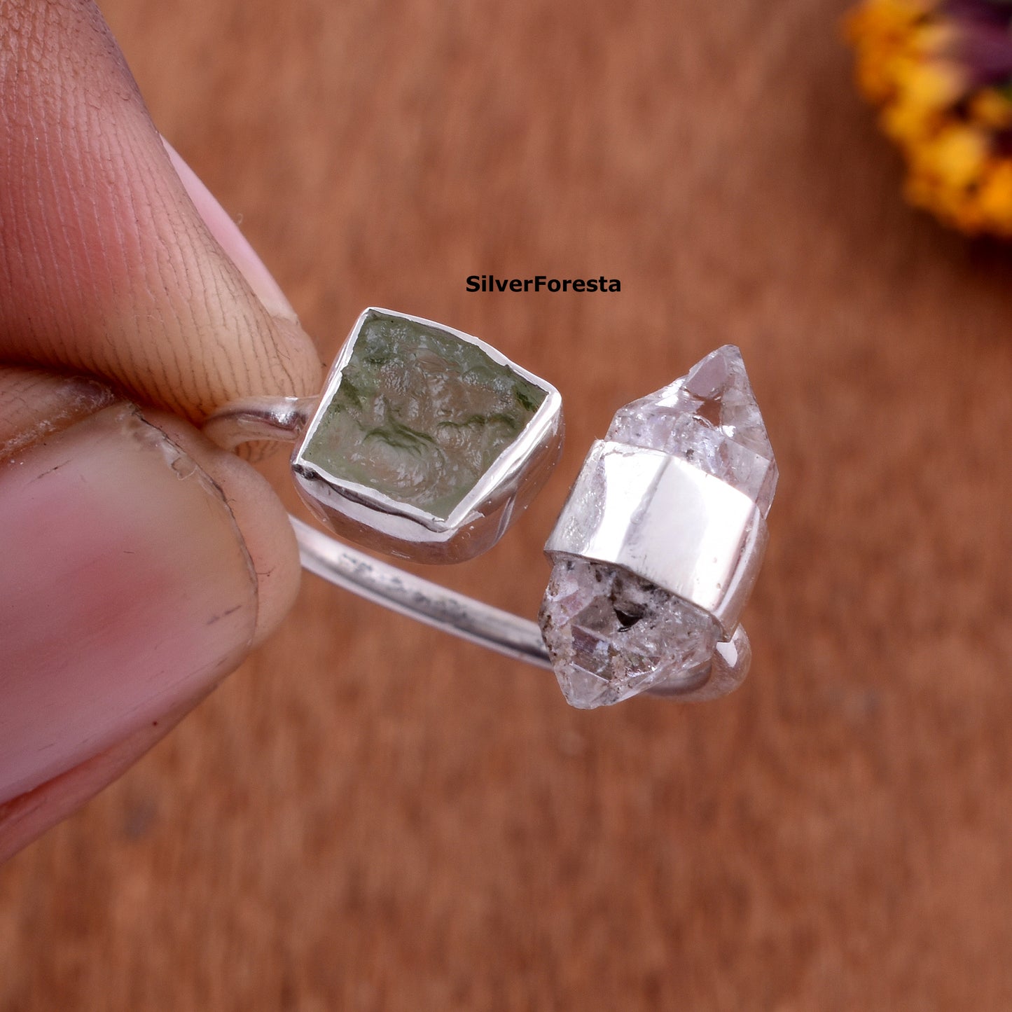 Authentic Moldavite Herkimer Ring - SilverForestaa