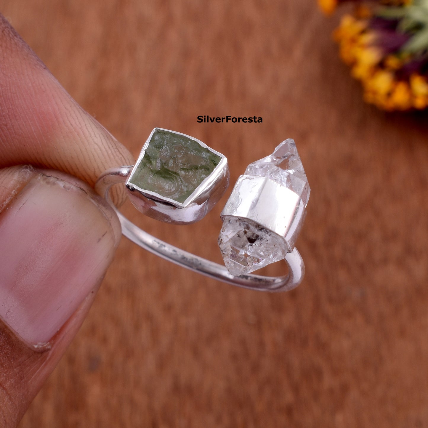 Authentic Moldavite Herkimer Ring - SilverForestaa