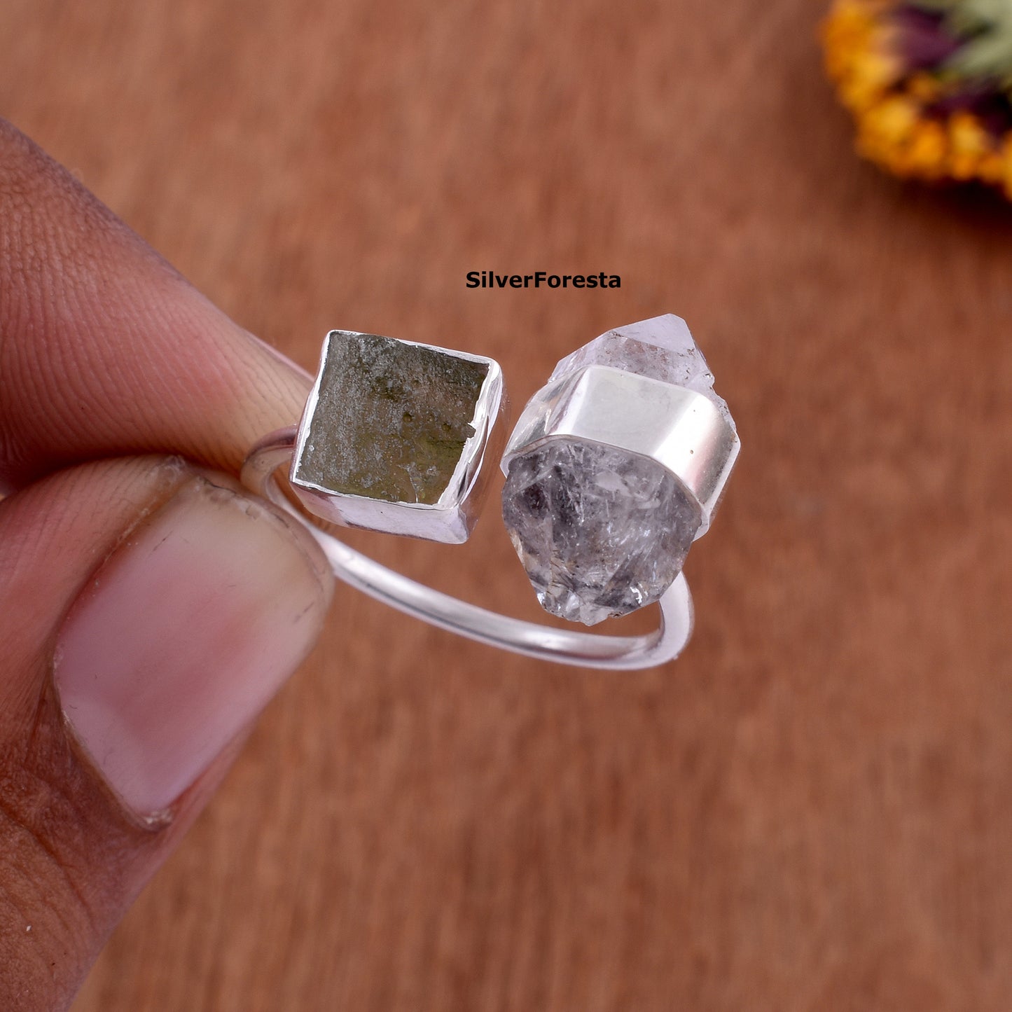 Authentic Moldavite Herkimer Ring - SilverForestaa