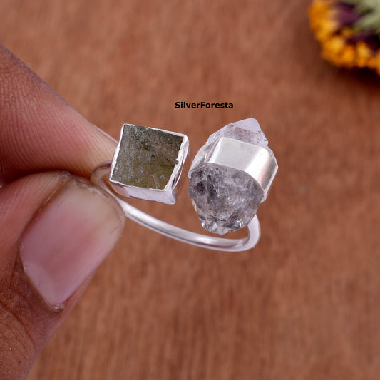 Authentic Moldavite Herkimer Ring - SilverForestaa