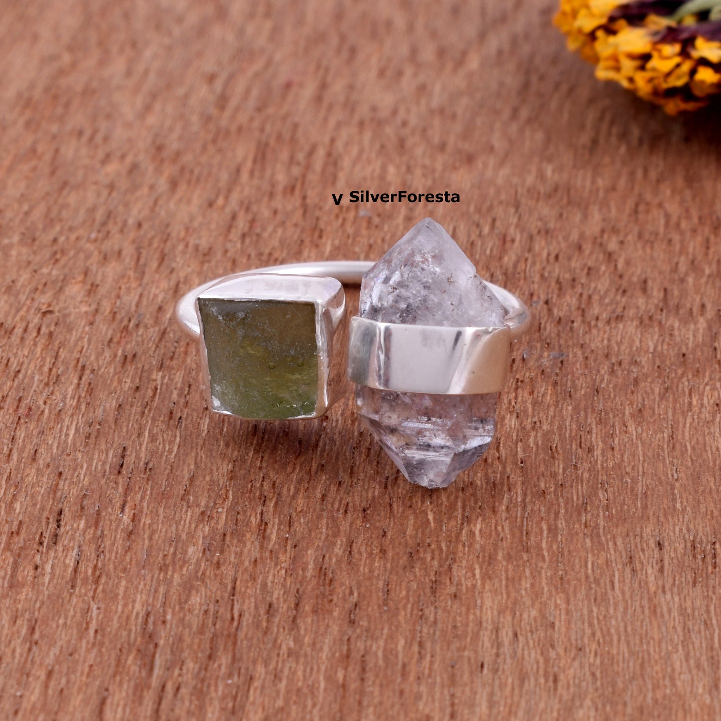 Authentic Moldavite Herkimer Ring - SilverForestaa