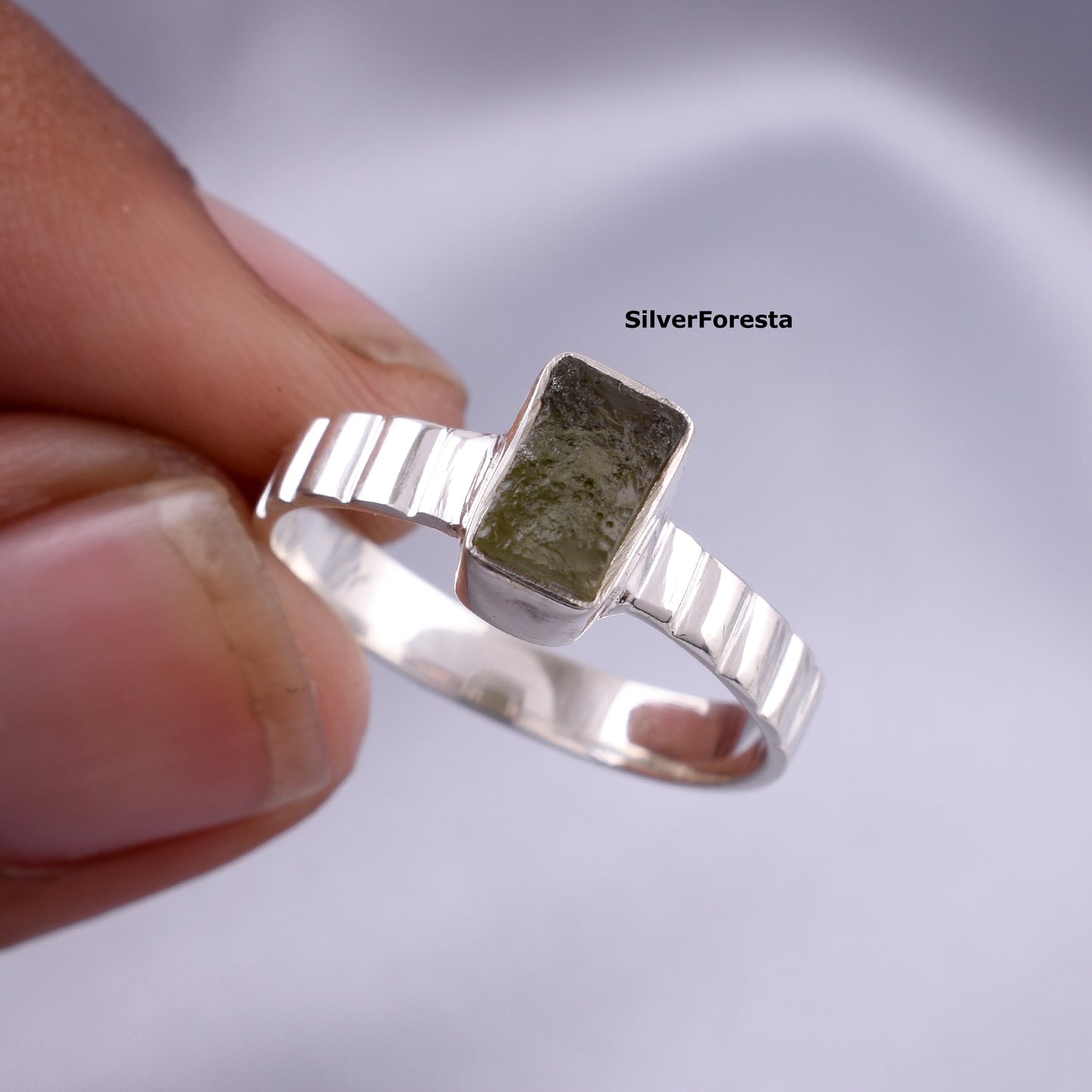 Natural Moldavite Ring – 925 Silver Raw Stone Ring