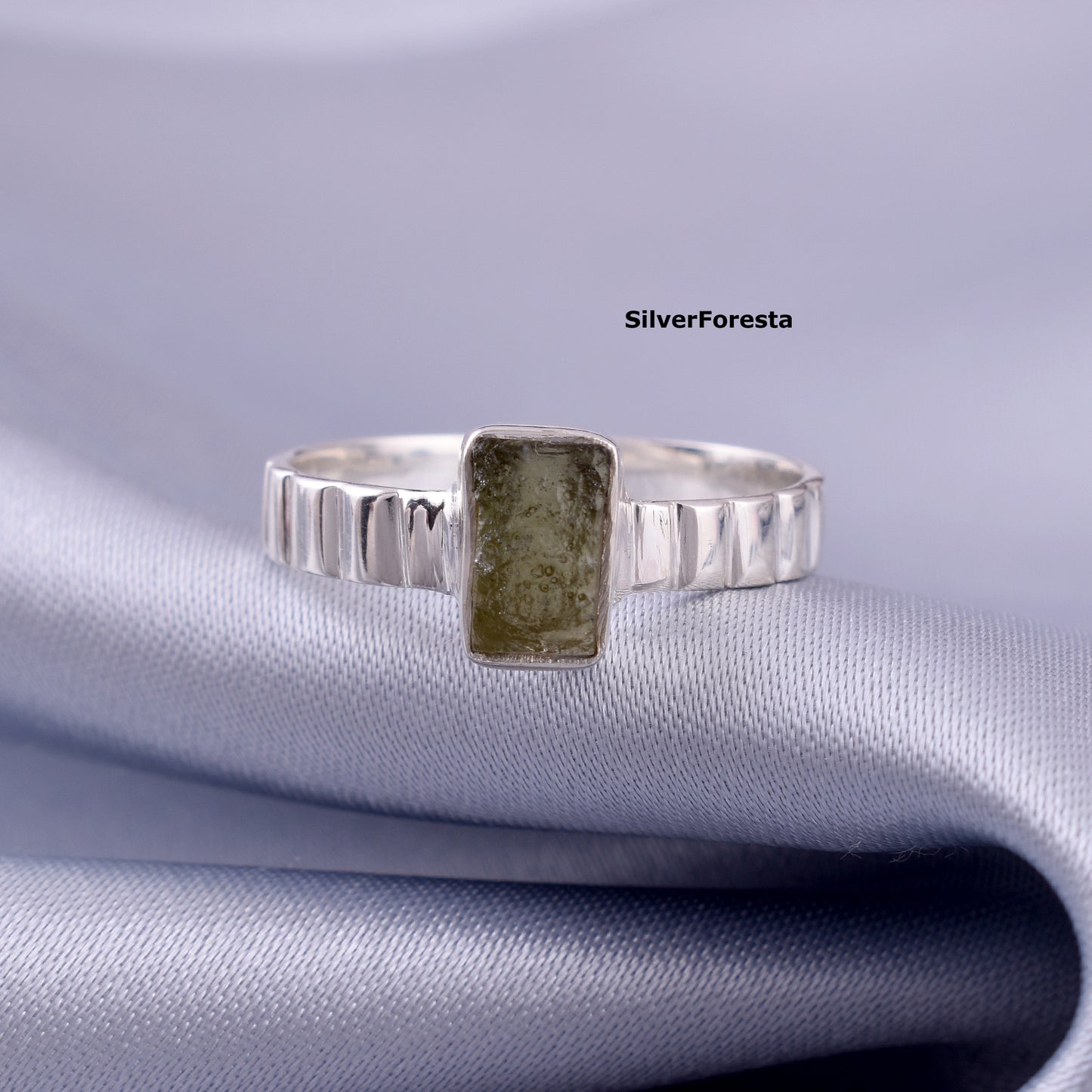 Natural Moldavite Ring – 925 Silver Raw Stone Ring
