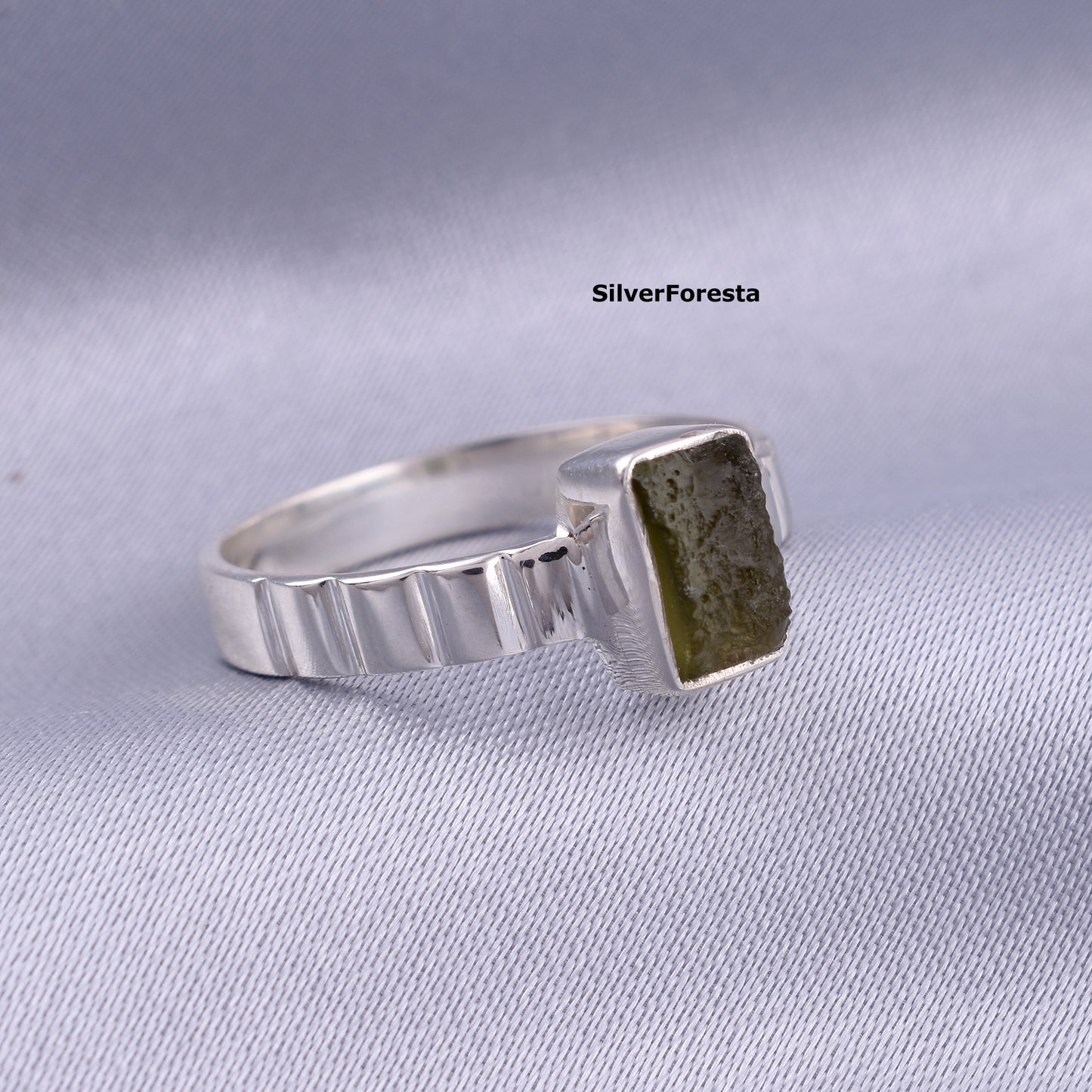 Natural Moldavite Ring – 925 Silver Raw Stone Ring