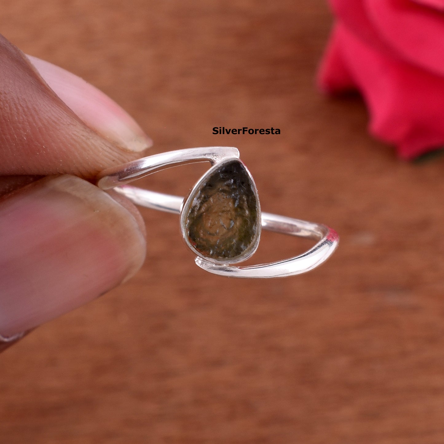 Natural Moldavite Meteorite Ring - 925 Silver Jewelry