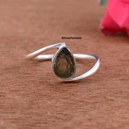Natural Moldavite Meteorite Ring - 925 Silver Jewelry