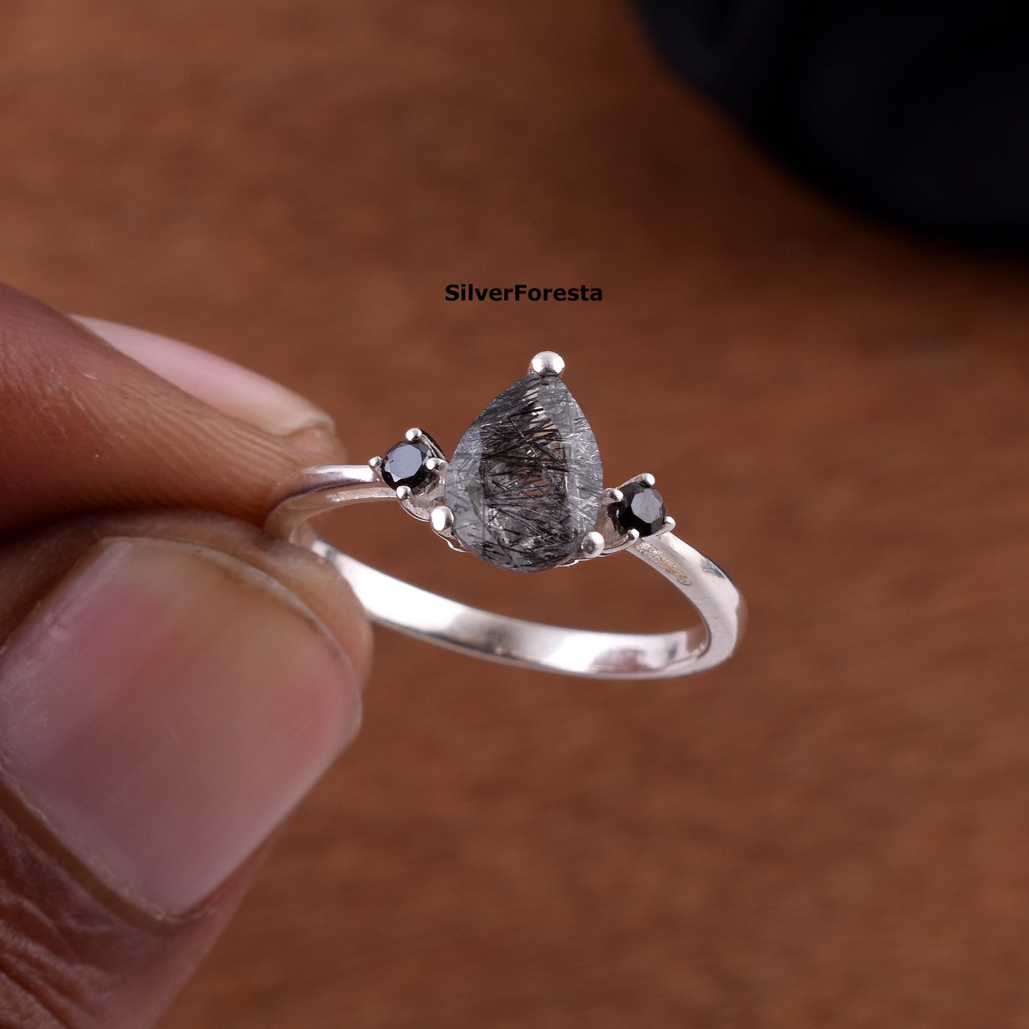 Pear Cut Black Rutile Silver Ring - SilverForestaa
