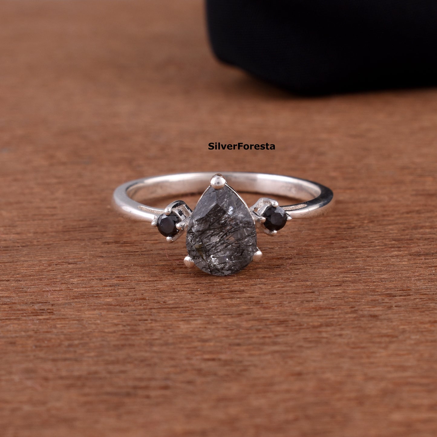Pear Cut Black Rutile Silver Ring - SilverForestaa