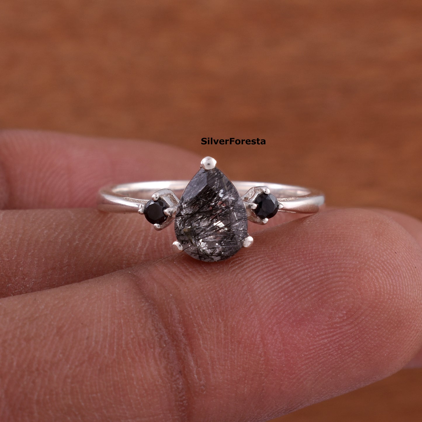 Pear Cut Black Rutile Silver Ring - SilverForestaa