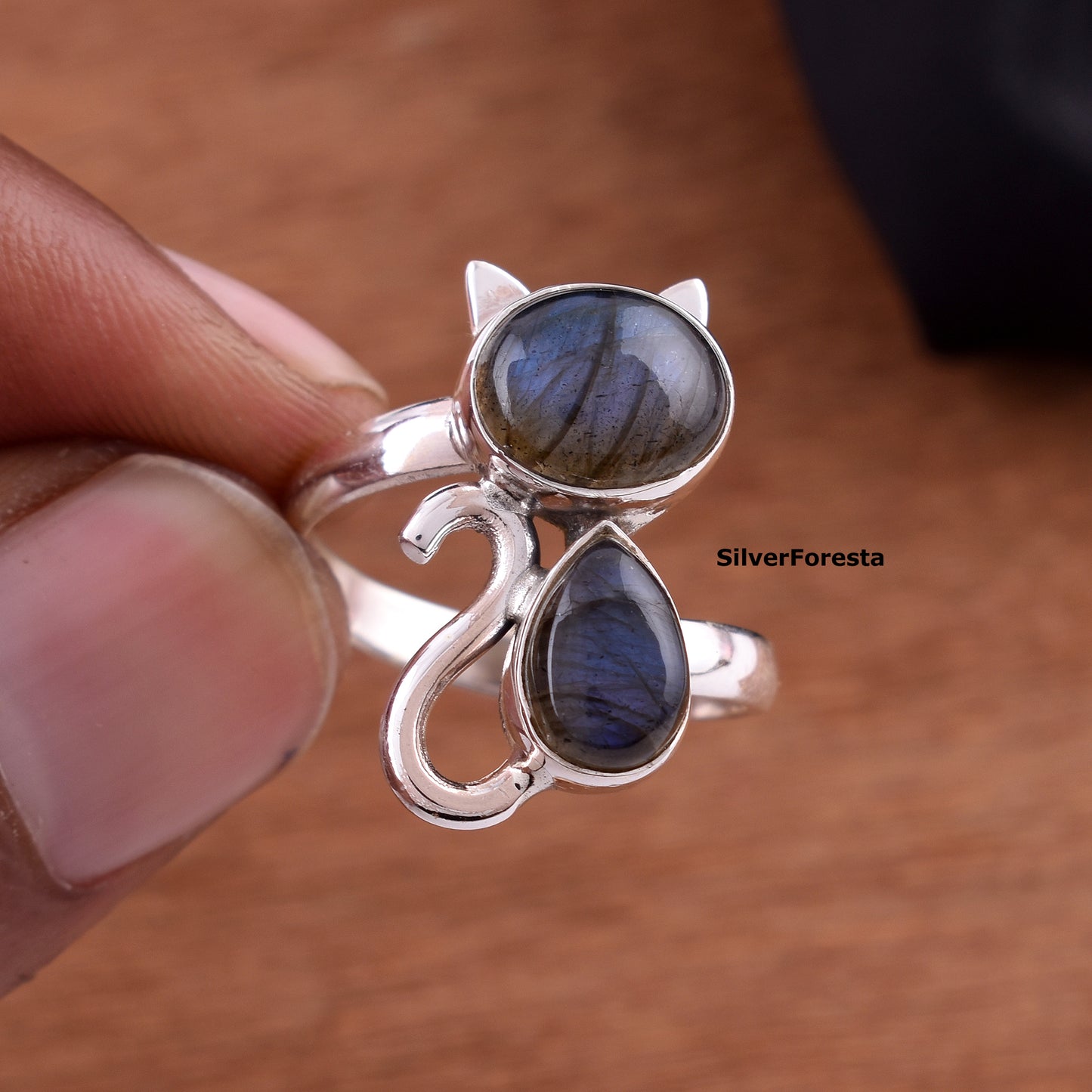 Natural Labradorite Cat Ring – 925 Silver