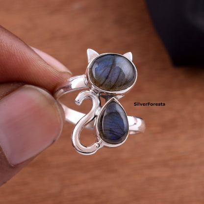 Natural Labradorite Cat Ring – 925 Silver