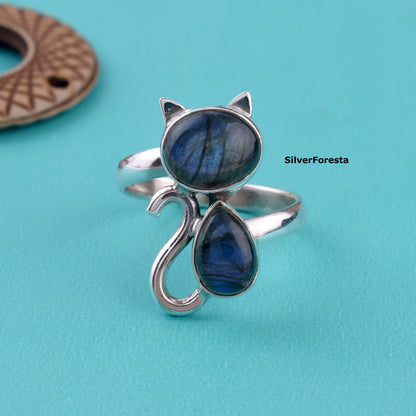 Natural Labradorite Cat Ring – 925 Silver
