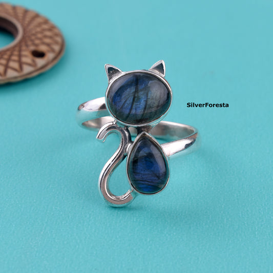 Natural Labradorite Cat Ring – 925 Silver