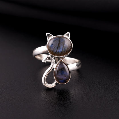Natural Labradorite Cat Ring – 925 Silver