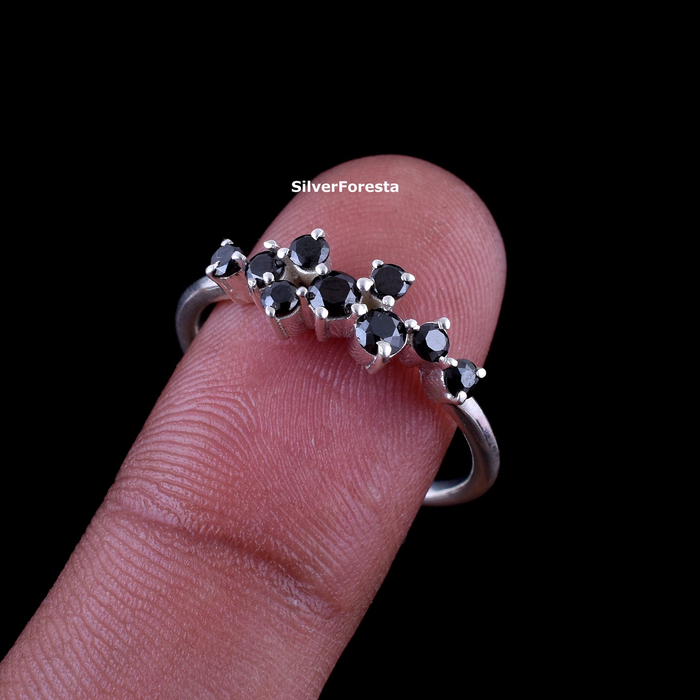 Black Spinel Cluster Ring Handmade Silver Ring - SilverForestaa