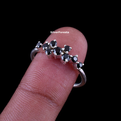 Black Spinel Cluster Ring Handmade Silver Ring - SilverForestaa