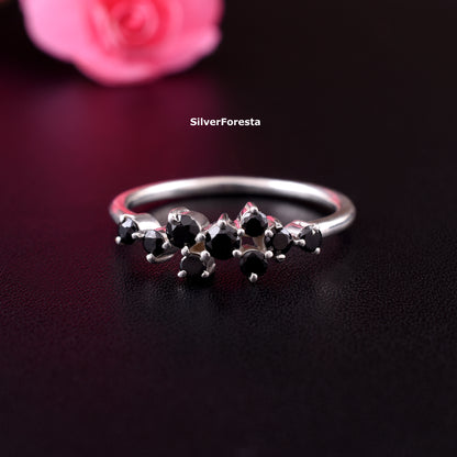Black Spinel Cluster Ring Handmade Silver Ring - SilverForestaa