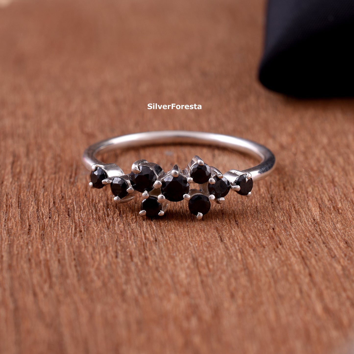 Black Spinel Cluster Ring Handmade Silver Ring - SilverForestaa