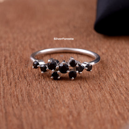 Black Spinel Cluster Ring Handmade Silver Ring - SilverForestaa