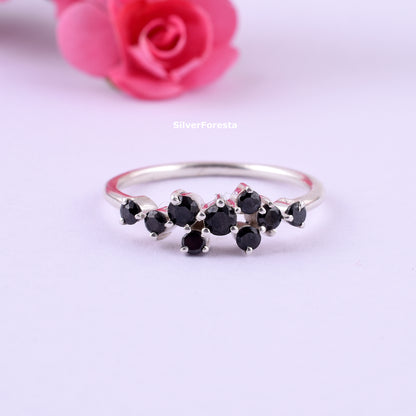 Black Spinel Cluster Ring Handmade Silver Ring - SilverForestaa