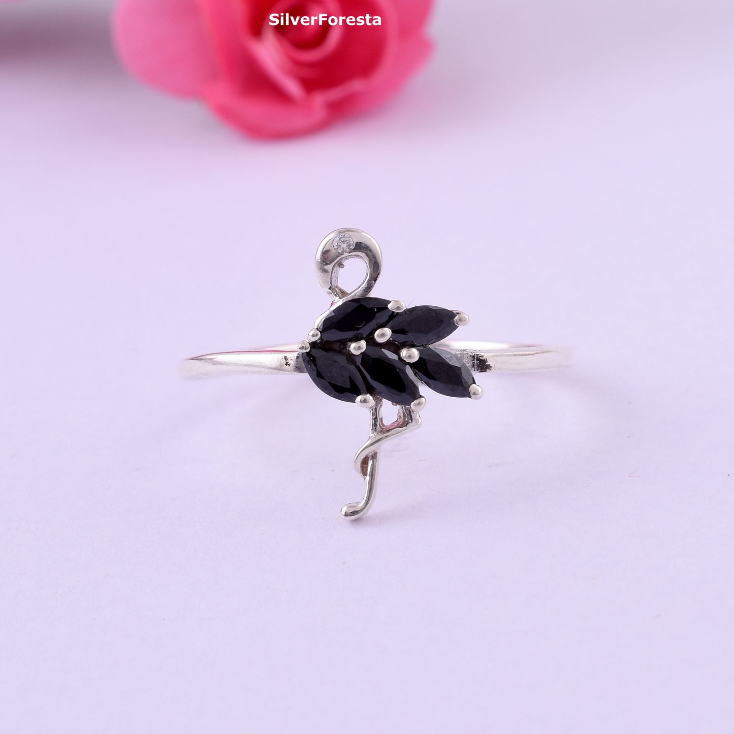 Flamingo Ring Black Spinel 925 Sterling Silver - SilverForestaa