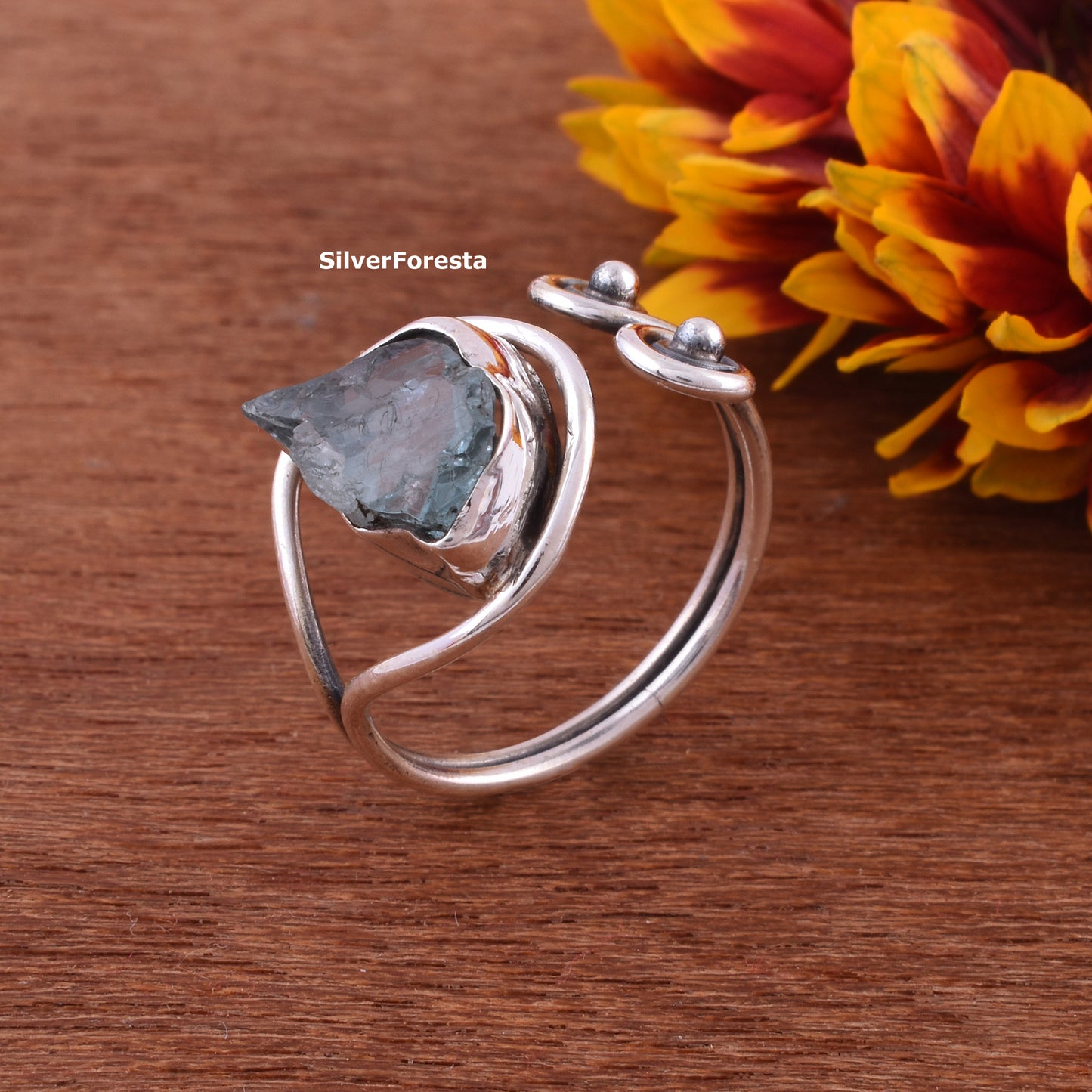 Raw Aquamarine Stone Ring Sterling Silver Gemstone Ring