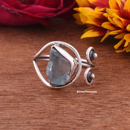 Raw Aquamarine Stone Ring Sterling Silver Gemstone Ring