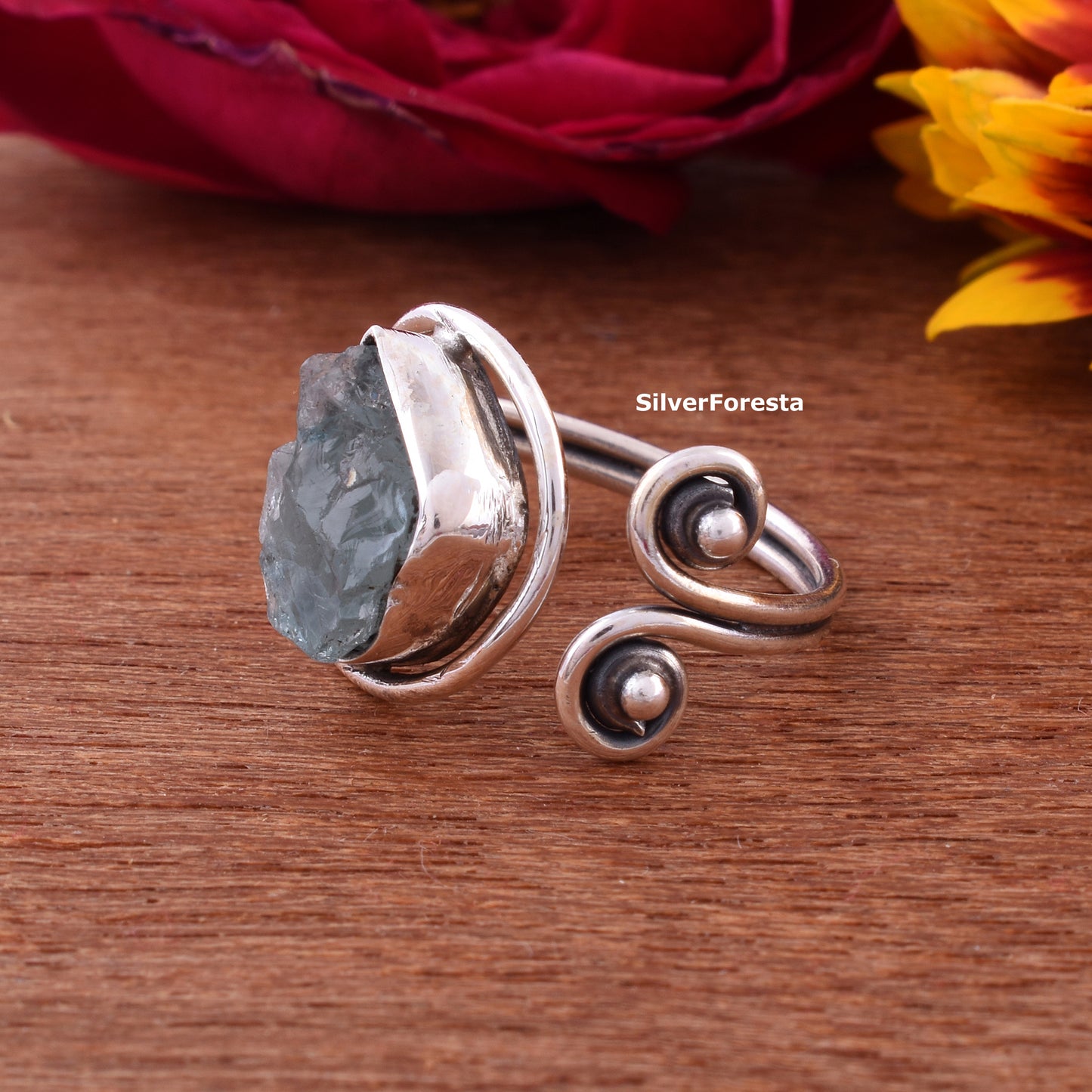 Raw Aquamarine Stone Ring Sterling Silver Gemstone Ring