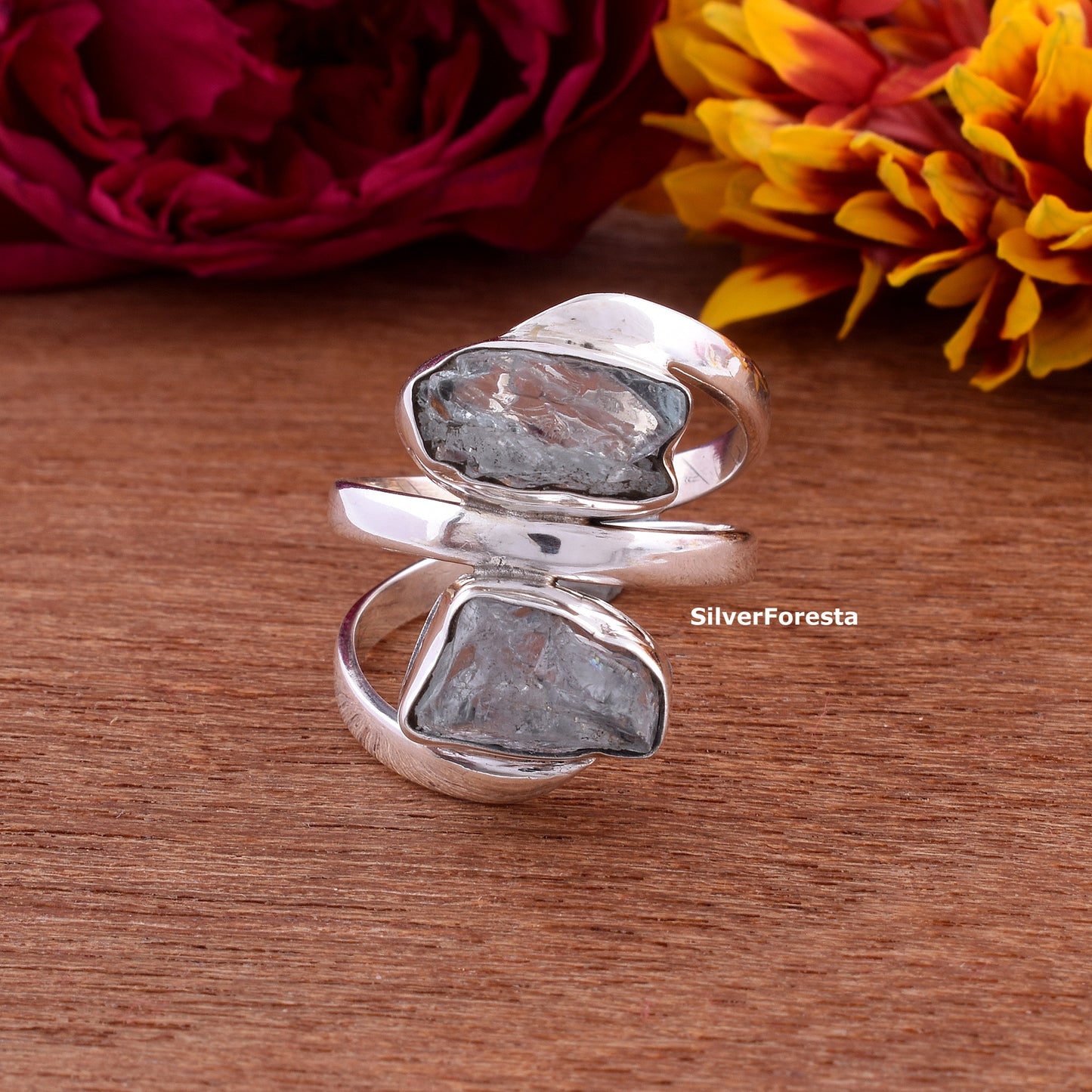 Aquamarine Swirl Ring 925 Silver Handmade Gemstone Ring