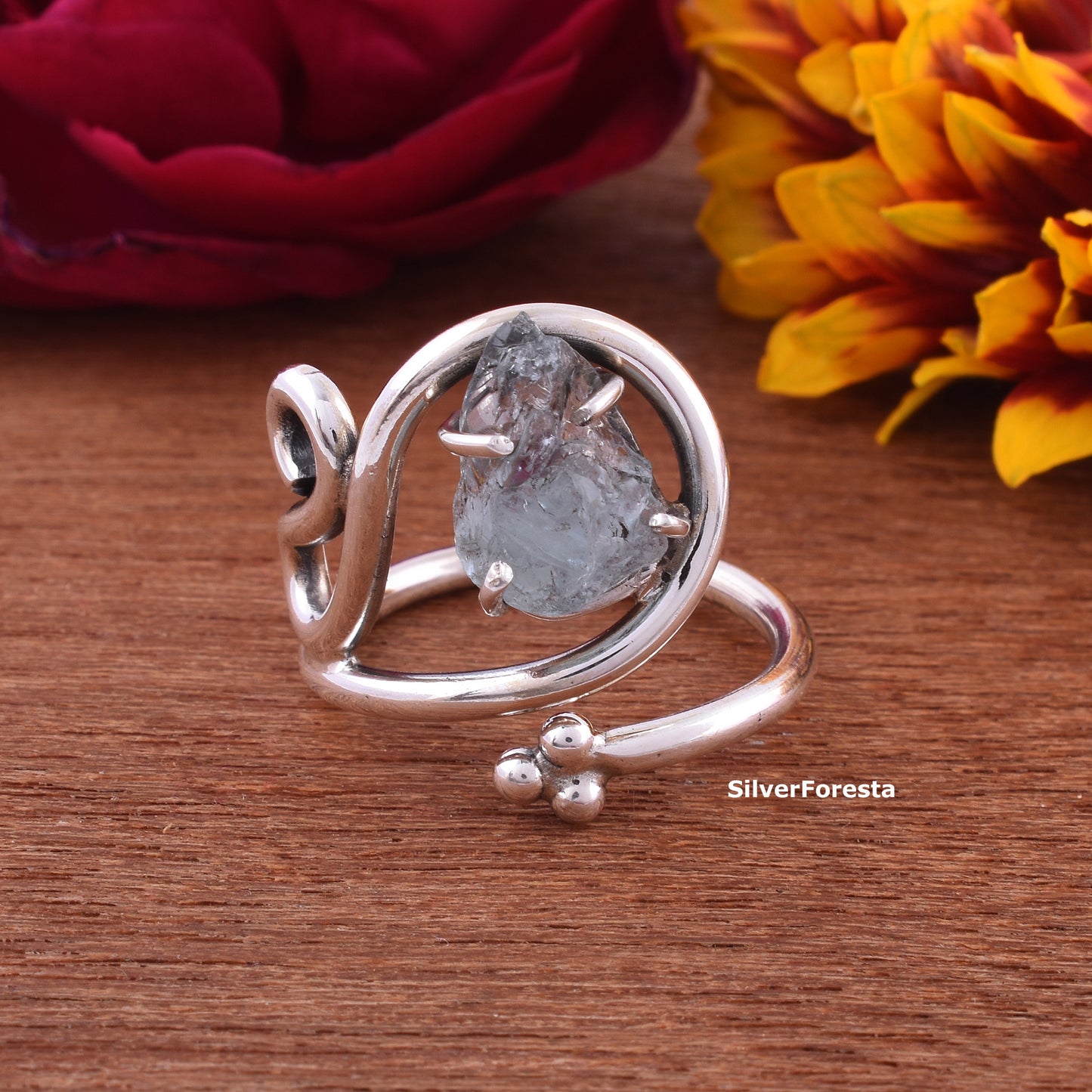 March Birthstone Ring Rough Aquamarine Silver Ring - SilverForestaa