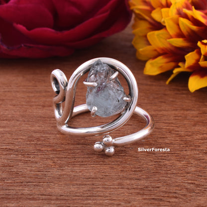 March Birthstone Ring Rough Aquamarine Silver Ring - SilverForestaa