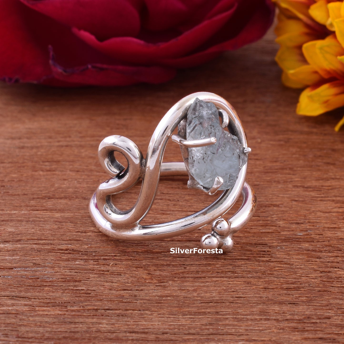 March Birthstone Ring Rough Aquamarine Silver Ring - SilverForestaa