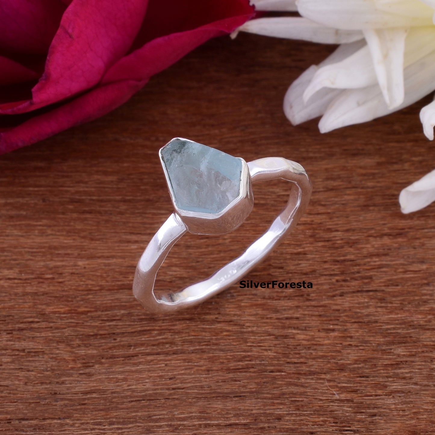 Rough Aquamarine Coffin Ring 925 Silver Gemstone Jewelry