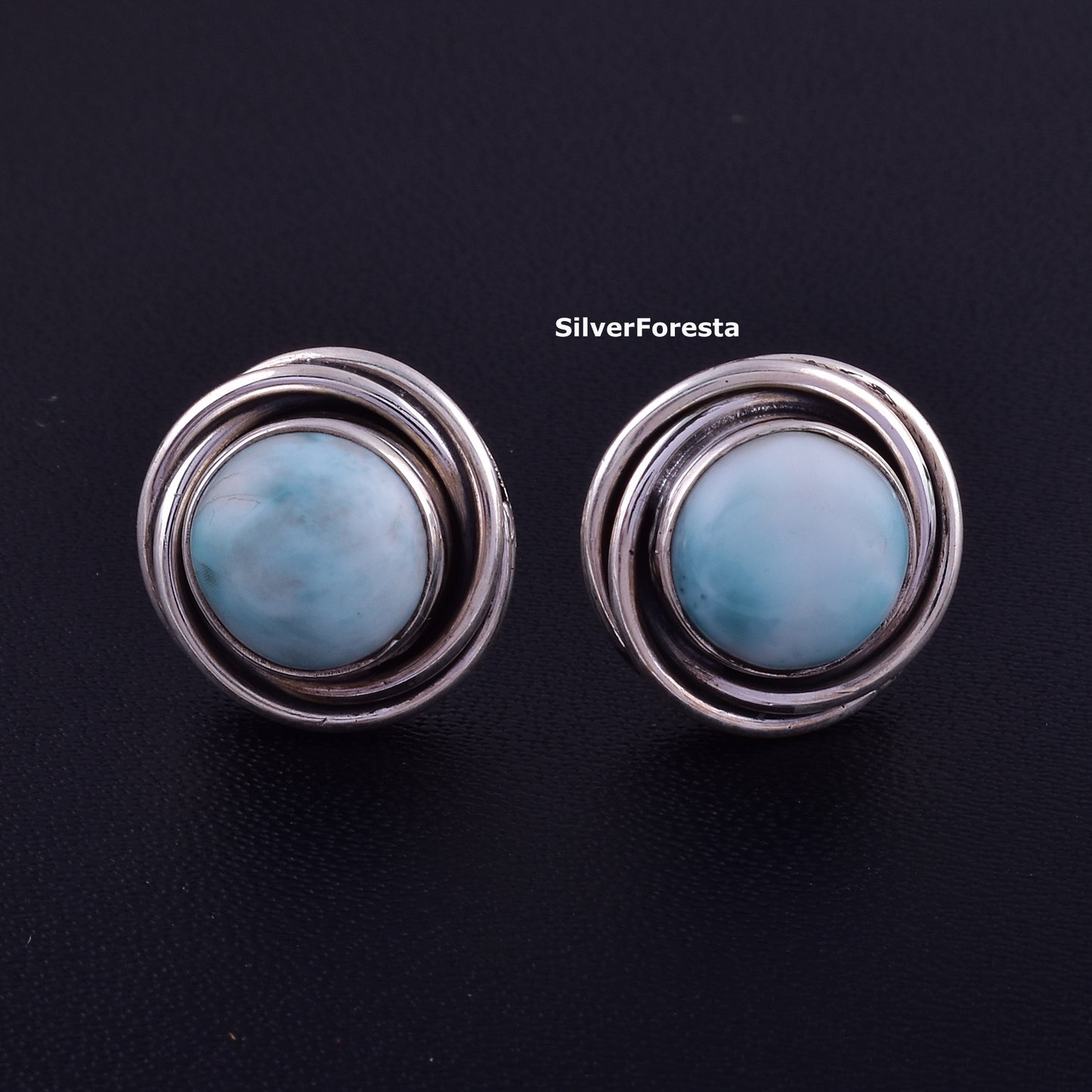 Natural Larimar Stud Earrings 925 Silver Jewelry - SilverForestaa