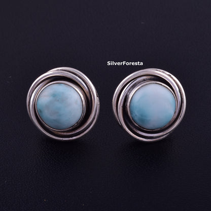 Natural Larimar Stud Earrings 925 Silver Jewelry - SilverForestaa
