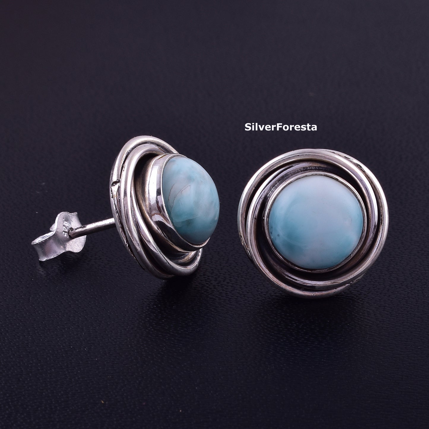 Natural Larimar Stud Earrings 925 Silver Jewelry - SilverForestaa