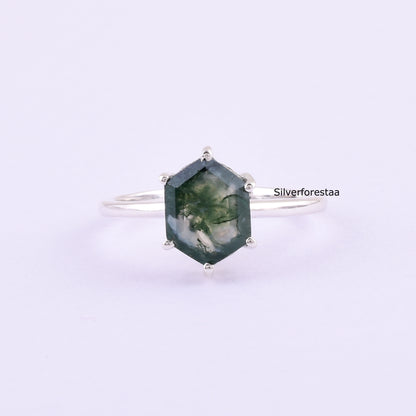 Dainty Moss Agate Ring Perfect Anniversary Gift - SilverForestaa