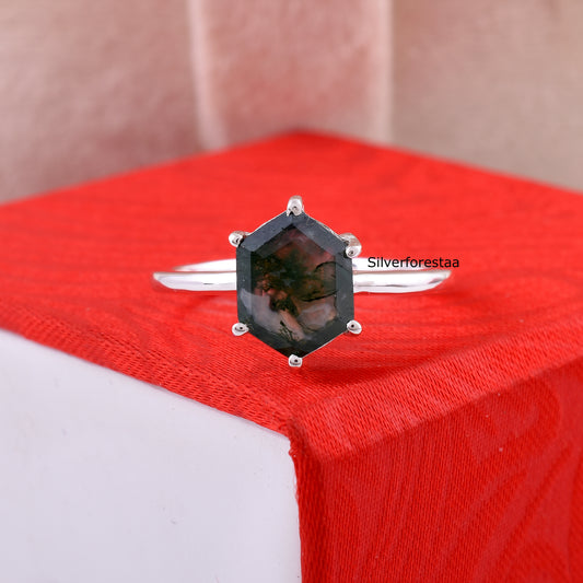 Dainty Moss Agate Ring Perfect Anniversary Gift - SilverForestaa