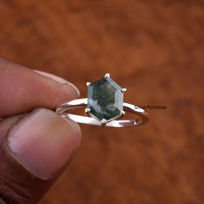 Dainty Moss Agate Ring Perfect Anniversary Gift - SilverForestaa