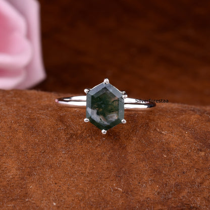 Dainty Moss Agate Ring Perfect Anniversary Gift - SilverForestaa